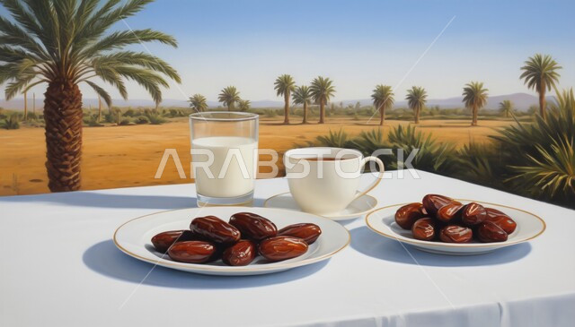 Food with high nutritional value, a plate of sugary dates with milk, a healthy Ramadan breakfast, types of delicious dates, hospitality and generous reception on holidays and religious occasions, palm trees in the Kingdom of Saudi Arabia