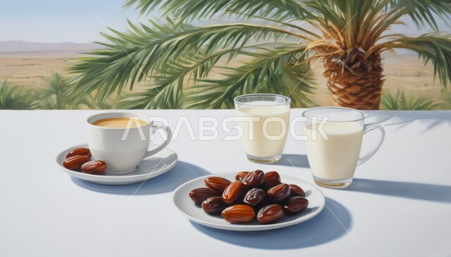 طعام ذات قيمة غذائية عالية، طبق من التمر السكري مع الحليب، وجبة فطور رمضاني صحي، انواع من التمور اللذيذة، حسن الضيافه وكرم الإستقبال في الأعياد والمناسبات الدينية، اشجار النخيل في المملكة العربية السعودية