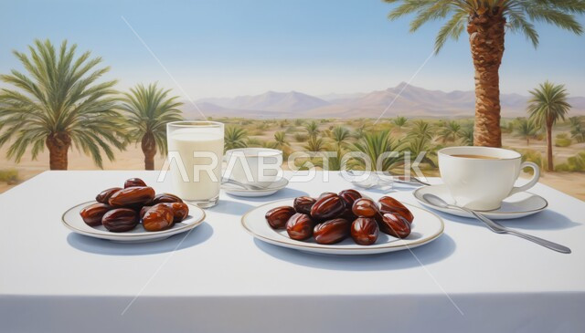Healthy Ramadan breakfast, food with high nutritional value, a plate of sugary dates with milk, types of delicious dates, hospitality and generous reception on holidays and religious occasions, palm trees in the Kingdom of Saudi Arabia