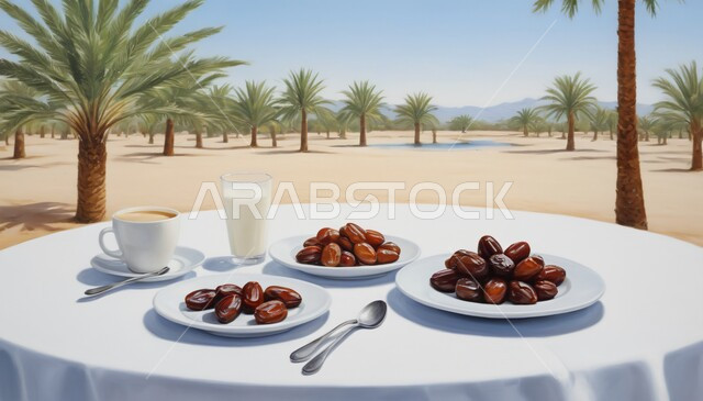 Healthy Ramadan breakfast, food with high nutritional value, a plate of sugary dates with milk, types of delicious dates, hospitality and generous reception on holidays and religious occasions, palm trees in the Kingdom of Saudi Arabia