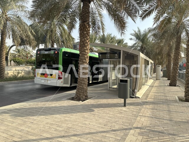 Attention to public services and land transportation, a bus stopped at a station on the road, an illuminated electronic road sign, development and urban progress and improvement of infrastructure, bus stations and public transportation on the streets, planting palm trees on both sides of the roads