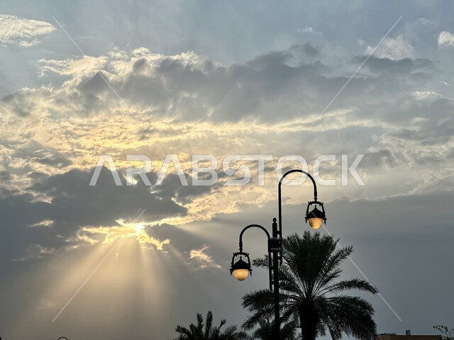 سماء العاصمة الممتلئة بالغيوم البيضاء في النهار، الاهتمام بالتشجير وزراعة أشجار النخيل في الأماكن العامة، عمود إنارة معدني بمصابيح مضيئة، تحسين الخدمات في شوارع وطرقات مدينة الرياض، تسلل أشعة الشمس من بين السحب الكثيفة لتصل إلى الأرض، خلفية الطبيعة