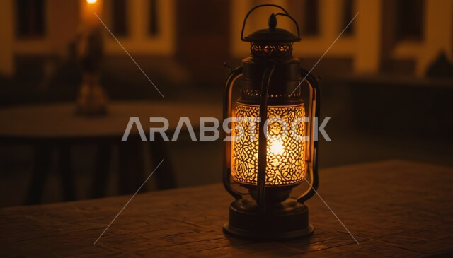 فانوس معدني مزخرف ومضيء، ديكورات واكسسوارات شهر رمضان المبارك، مصباح عربي تقليدي بتصميم مميز، الاحتفال بقدوم الشهر الكريم بوضع الزينة والإضاءة، أجواء رمضانية روحانية إسلامية