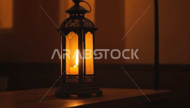فانوس معدني مزخرف ومضيء، ديكورات واكسسوارات شهر رمضان المبارك، مصباح عربي تقليدي بتصميم مميز، الاحتفال بقدوم الشهر الكريم بوضع الزينة والإضاءة، أجواء رمضانية روحانية إسلامية