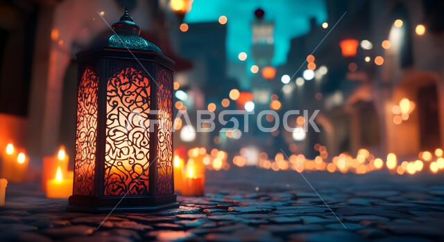 Decorative and illuminated metal lantern, Ramadan decorations and accessories, traditional Arabic lamp with a distinctive design, celebrating the arrival of the holy month by placing decorations and lighting, Islamic spiritual Ramadan atmosphere
