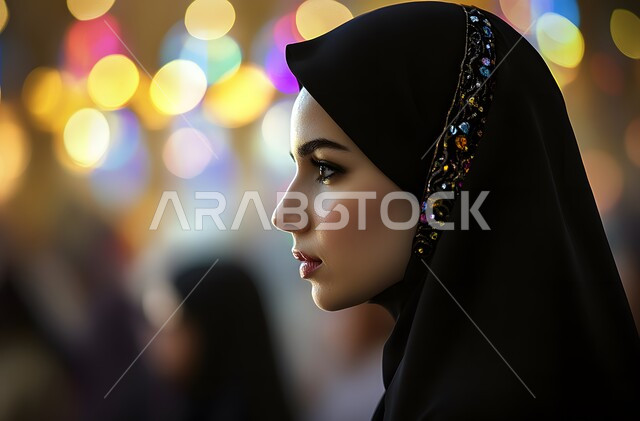 النظر بشرود إلى مكان ما, التمعن والتركيز والتخطيط للمستقبل، صورة مقربة لامرأة عربية خليجية سعودية محجبة تنظر بإيماءات التفكير والتأمل، محاولة إيجاد حل لشيء ما