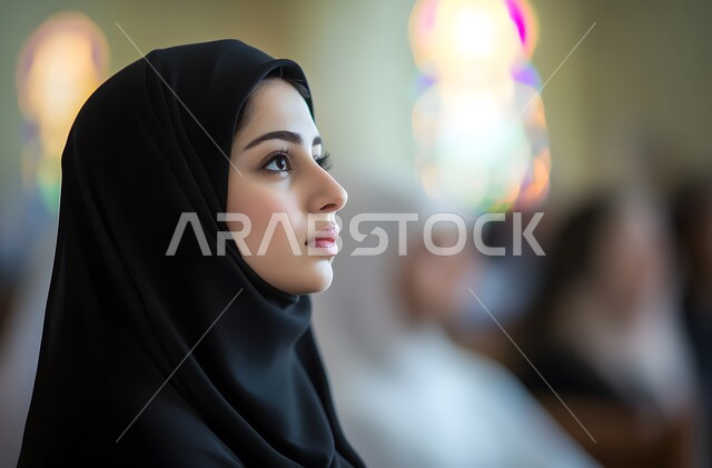 النظر بشرود إلى مكان ما, التمعن والتركيز والتخطيط للمستقبل، صورة مقربة لامرأة عربية خليجية سعودية محجبة تنظر بإيماءات التفكير والتأمل، محاولة إيجاد حل لشيء ما