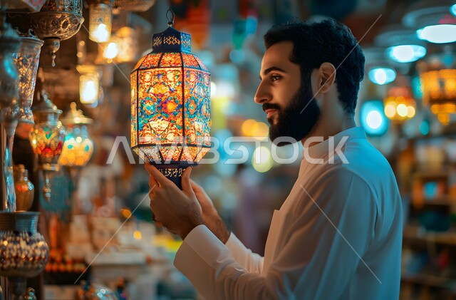 ديكورات وزينة رمضان المبارك، رجل عربي خليجي سعودي يرتدي الزي السعودي التقليدي يمسك فانوس رمضان، الاحتفال بالمناسبات والأعياد الدينية الاسلامية ، البهجة بقدوم شهر الخير، العادات والتقاليد لاستقبال الشهر المبارك في المملكة العربية السعودية