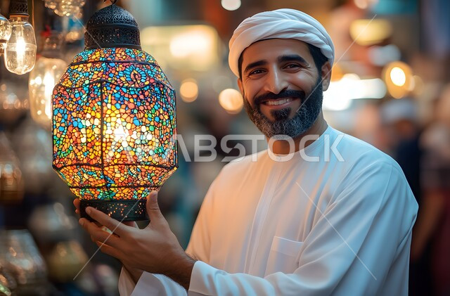 Ramadan Mubarak decorations and ornaments, a Saudi Arabian Gulf man wearing traditional Saudi clothing holding a Ramadan lantern, celebrating Islamic religious occasions and holidays, joy at the arrival of the month of goodness, customs and traditions for welcoming the holy month in the Kingdom of Saudi Arabia