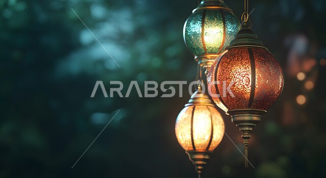 أجواء رمضانية وروحانية إسلامية، العادات والتقاليد العربية في زينة الأعياد والمناسبات الدينية، تحف وفوانيس وديكورات تقليدية للاحتفال بقدوم شهر رمضان المبارك، صورة مقربة لفوانيس عربية معدنية مزخرفة وملونة بداخلها سن مضيء
