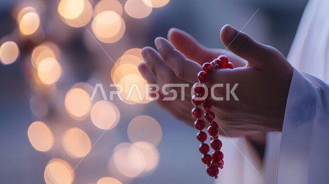 الإكثار من ذكر الله تعالى والإستغفار والدعاء, صورة مقربة لأيدي رجل عربي سعودي خليجي يرتدي الثوب الأبيض يرفع يديه يمسك السبحه, مفهوم الإجتهاد في العباده و التقرب الى الله في شهر رمضان المبارك