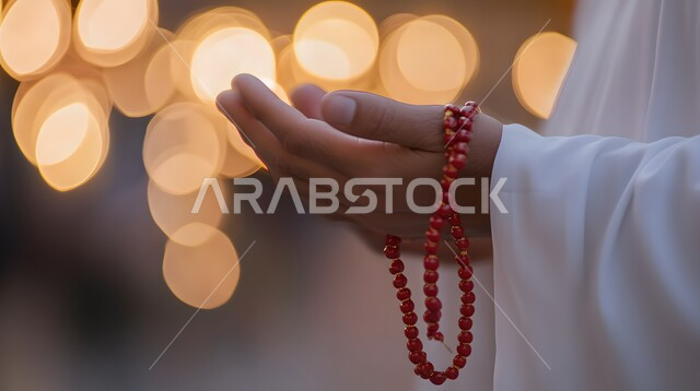الإكثار من ذكر الله تعالى والإستغفار والدعاء, صورة مقربة لأيدي رجل عربي سعودي خليجي يرتدي الثوب الأبيض يرفع يديه يمسك السبحه, مفهوم الإجتهاد في العباده و التقرب الى الله في شهر رمضان المبارك