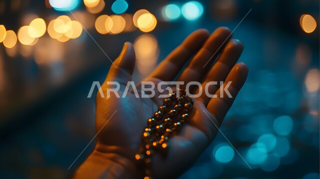 مفهوم الإجتهاد في العباده و التقرب الى الله في شهر رمضان المبارك، الإكثار من ذكر الله تعالى والإستغفار والدعاء, صورة مقربة لأيدي رجل عربي سعودي خليجي يرتدي الثوب الأبيض يرفع يديه يمسك السبحه