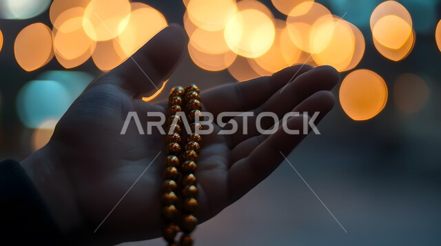 مفهوم الإجتهاد في العباده و التقرب الى الله في شهر رمضان المبارك، الإكثار من ذكر الله تعالى والإستغفار والدعاء, صورة مقربة لأيدي رجل عربي سعودي خليجي يرتدي الثوب الأبيض يرفع يديه يمسك السبحه