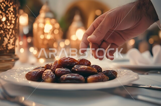 Healthy and beneficial breakfast snacks, spiritual atmosphere and celebration of Islamic religious occasions and holidays, Ramadan decorations and ornaments, distinctive antiques and accessories, delicious Ramadan hospitality, traditional illuminated metal lantern with a plate of dates next to the water