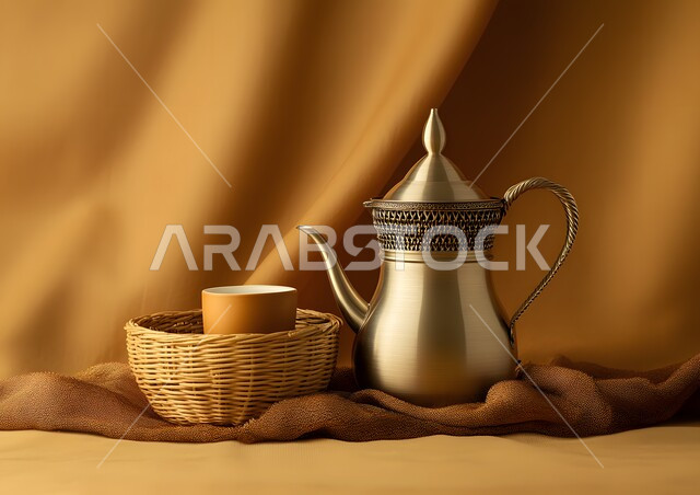 دله قهوة عربية نحاسية مع فنجان، مفهوم إكرام الضيف وحسن الاستقبال، العادات والتقاليد القديمة، تقديم المشروبات الساخنة، جودة المنتجات المحلية الوطنية