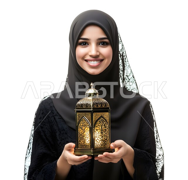 زينة وفوانيس الأعياد والمناسبات الاسلامية في المملكة العربية السعودية, بورتريه مقرب لشابة عربية خليجية سعودية محجبة مبتسمة ترتدي العباءة الرمادية تمسك بيدها فانوس , الاستعداد لاستقبال شهر رمضان المبارك بإيماءات السرور, خلفية بيضاء