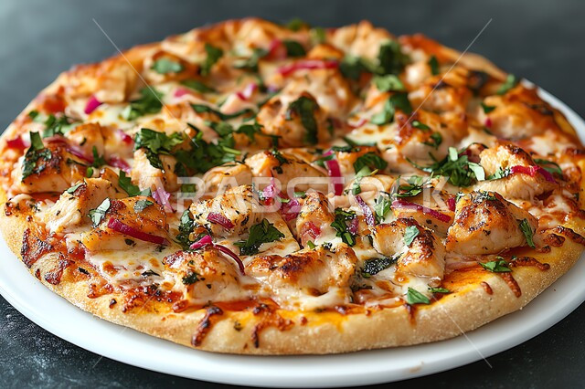  بيتزا الدجاج المشوي مع الخضروات، وجبة ذات قيمة غذائية عالية، وصفات المطبخ السعودي للمعجنات والفطائر، أطعمة غنية بالبروتينات والنكهات الشهية، مطاعم للمأكولات العربية الشرقية