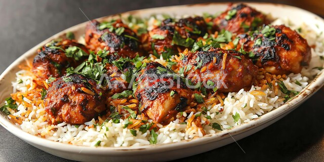  صحن من رز الكبسة، فنون تقديم الطعام في المطاعم الشرقية، مأكولات وأطباق عربية تقليدية، طبق من أرز البرياني مع قطع من الدجاج المطهي والمتبل، وصفات الطعام الصحية الشهية