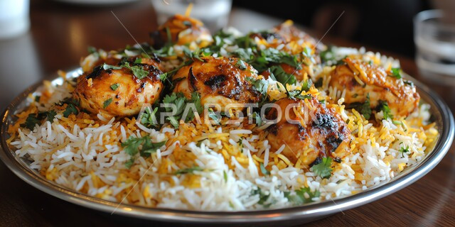  صحن من رز الكبسة، فنون تقديم الطعام في المطاعم الشرقية، مأكولات وأطباق عربية تقليدية، طبق من أرز البرياني مع قطع من الدجاج المطهي والمتبل، وصفات الطعام الصحية الشهية