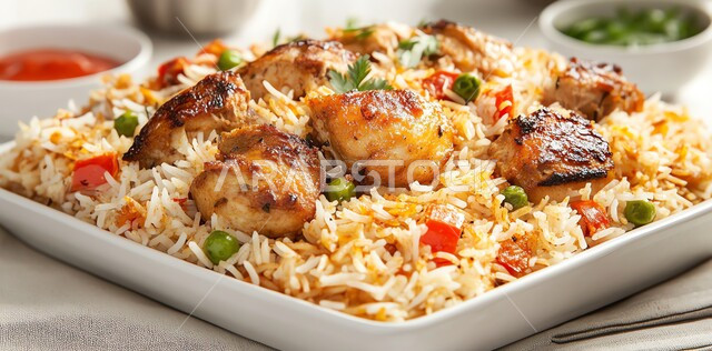  صحن من رز الكبسة، فنون تقديم الطعام في المطاعم الشرقية، مأكولات وأطباق عربية تقليدية، طبق من أرز البرياني مع قطع من الدجاج المطهي والمتبل، وصفات الطعام الصحية الشهية