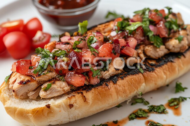 وجبات الطعام السريعة الشهية، سندويش من قطع الدجاج المطهي اللذيذ مع الخضراوات، المأكولات الشهية مع الخضار والصلصات, المطاعم العربية في المملكة العربية السعودية، وصفات الأكل اللذيذة