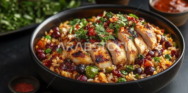  صحن من رز الكبسة، فنون تقديم الطعام في المطاعم الشرقية، مأكولات وأطباق عربية تقليدية، طبق من أرز البرياني مع قطع من الدجاج المطهي والمتبل، وصفات الطعام الصحية الشهية