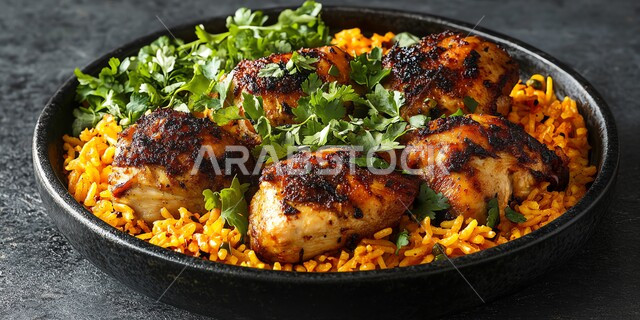  صحن من رز الكبسة، فنون تقديم الطعام في المطاعم الشرقية، مأكولات وأطباق عربية تقليدية، طبق من أرز البرياني مع قطع من الدجاج المطهي والمتبل، وصفات الطعام الصحية الشهية