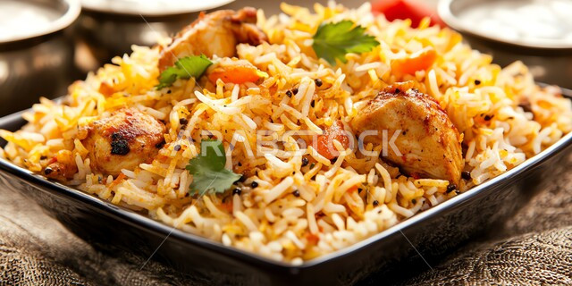  صحن من رز الكبسة، فنون تقديم الطعام في المطاعم الشرقية، مأكولات وأطباق عربية تقليدية، طبق من أرز البرياني مع قطع من الدجاج المطهي والمتبل، وصفات الطعام الصحية الشهية