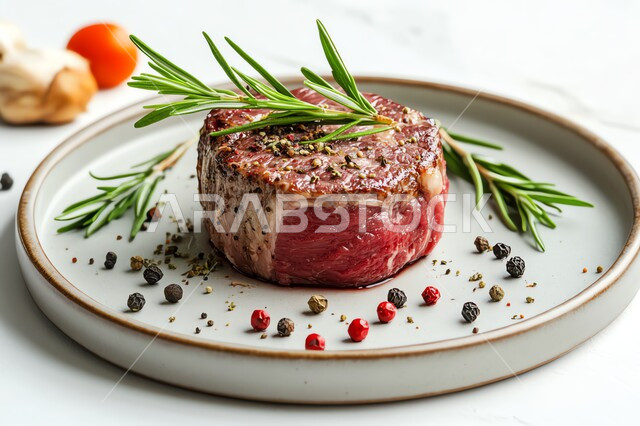 وجبة ذات قيمة غذائية عالية، مطاعم للمأكولات العربية الشرقية، اللحوم البقرية المشوية الشهية، أطعمة غنية بالبروتين، ستيك اللحم مع حبات التوابل و إكليل الجبل، وصفات المطبخ السعودي الغني بالنكهات اللذيذة