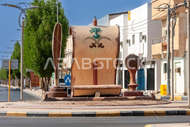 نصب تذكاري لشعار المملكة العربية السعودية في المجمعة، رمز النخلة و السيفين المتقاطعين المعدنيين، أرض النخيل وإنتاج محاصيل التمور، الفخر بالرموز والشعارات الوطنية، الاعتزاز بالهوية الخليجية ، تقاطع طريق الملك فيصل مع طريق الملك سلمان
