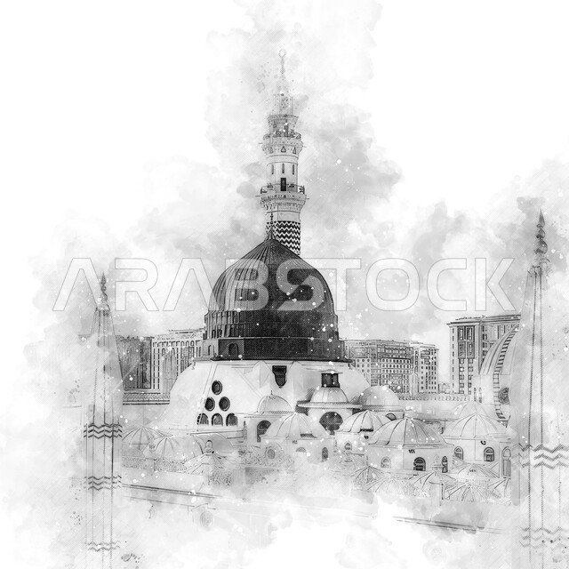 المساجد المشهورة  في المملكة العربية السعودية، مفهوم العبادة والتقرب إلى الله، المجمع الخارجي في المسجد النبوي الشريف بالمدينة المنورة، لوحة فنية للفن الهندسي المعماري للمآذن والقبة الخضراء على الطراز الإسلامي، رسومات للأماكن الدينية الإسلامية المقدسة