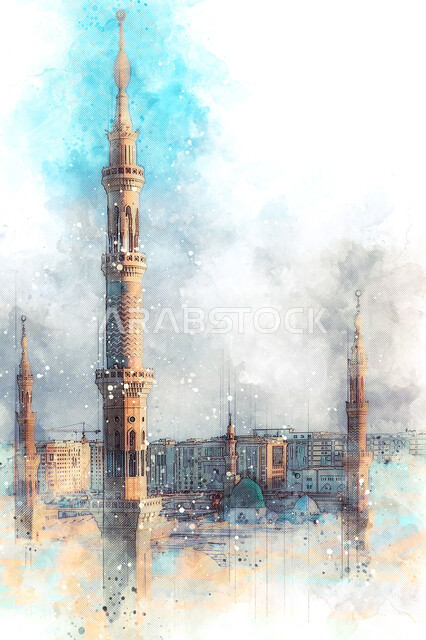 المسجد النبوي الشريف بالمدينة المنورة، لوحة فنية للفن الهندسي المعماري للمآذن والقبة الخضراء على الطراز الإسلامي، رسومات للأماكن الدينية الإسلامية المقدسة، المساجد المشهورة  في المملكة العربية السعودية، مفهوم العبادة والتقرب إلى الله