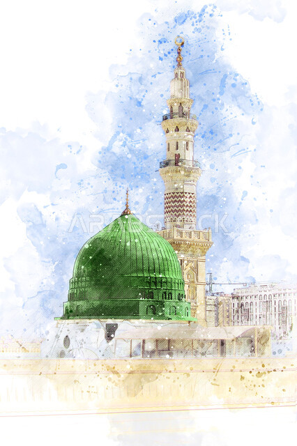  لوحة فنية للفن الهندسي المعماري للمآذن والقبة الخضراء على الطراز الإسلامي، رسومات للأماكن الدينية الإسلامية المقدسة، المساجد المشهورة  في المملكة العربية السعودية، مفهوم العبادة والتقرب إلى الله، المسجد النبوي الشريف بالمدينة المنورة