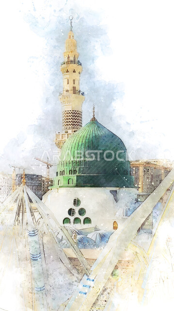  لوحة فنية للفن الهندسي المعماري للمآذن والقبة الخضراء على الطراز الإسلامي، رسومات للأماكن الدينية الإسلامية المقدسة، المساجد المشهورة  في المملكة العربية السعودية، مفهوم العبادة والتقرب إلى الله، المسجد النبوي الشريف بالمدينة المنورة