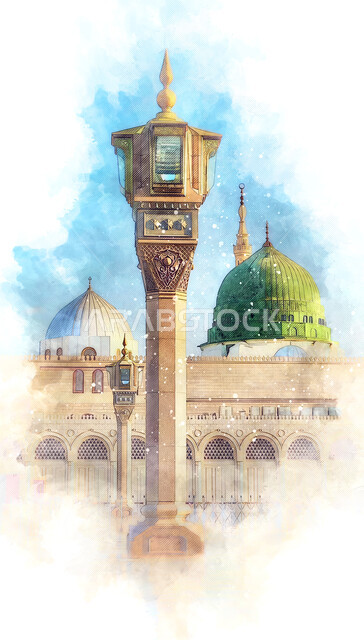  لوحة فنية للفن الهندسي المعماري للمآذن والقبة الخضراء على الطراز الإسلامي، رسومات للأماكن الدينية الإسلامية المقدسة، المساجد المشهورة  في المملكة العربية السعودية، مفهوم العبادة والتقرب إلى الله، المسجد النبوي الشريف بالمدينة المنورة