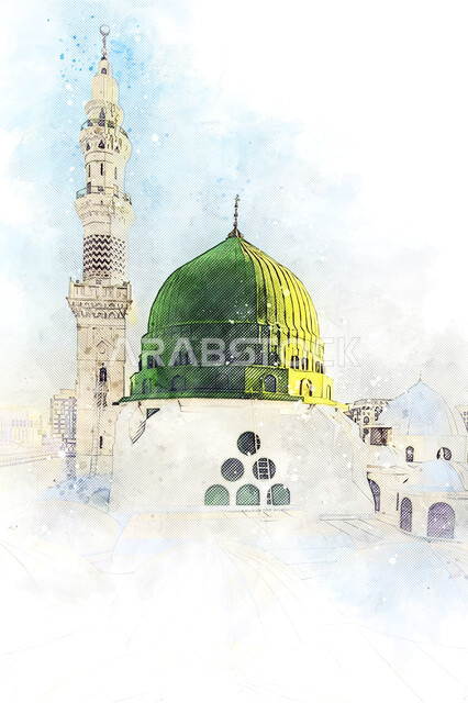 مفهوم العبادة والتقرب إلى الله،  رسومات للأماكن الدينية الإسلامية المقدسة، المساجد المشهورة  في المملكة العربية السعودية، المسجد النبوي الشريف بالمدينة المنورة، لوحة فنية للفن الهندسي المعماري للمآذن والقبة الخضراء على الطراز الإسلامي