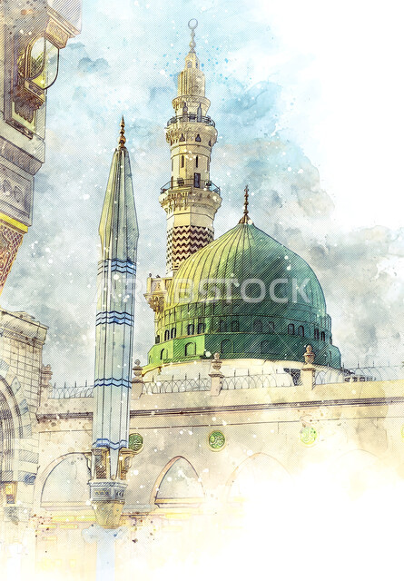 The concept of worship and getting closer to God, drawings of the holy Islamic religious places, famous mosques in the Kingdom of Saudi Arabia, the Prophet's Mosque in Medina, an artistic painting of the architectural engineering art of the minarets and the green dome in the Islamic style