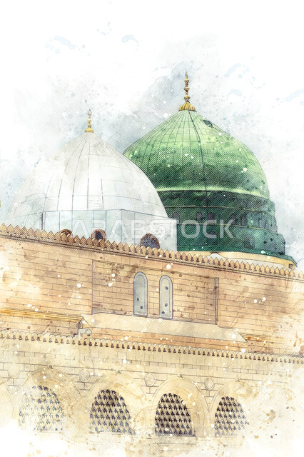 مفهوم العبادة والتقرب إلى الله،  رسومات للأماكن الدينية الإسلامية المقدسة، المساجد المشهورة  في المملكة العربية السعودية، المسجد النبوي الشريف بالمدينة المنورة، لوحة فنية للفن الهندسي المعماري للمآذن والقبة الخضراء على الطراز الإسلامي