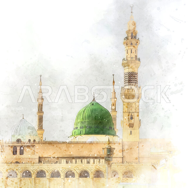 مفهوم العبادة والتقرب إلى الله،  رسومات للأماكن الدينية الإسلامية المقدسة، المساجد المشهورة  في المملكة العربية السعودية، المسجد النبوي الشريف بالمدينة المنورة، لوحة فنية للفن الهندسي المعماري للمآذن والقبة الخضراء على الطراز الإسلامي