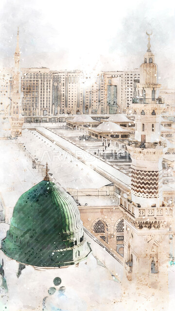 مفهوم العبادة والتقرب إلى الله،  رسومات للأماكن الدينية الإسلامية المقدسة، المساجد المشهورة  في المملكة العربية السعودية، المسجد النبوي الشريف بالمدينة المنورة، لوحة فنية للفن الهندسي المعماري للمآذن والقبة الخضراء على الطراز الإسلامي