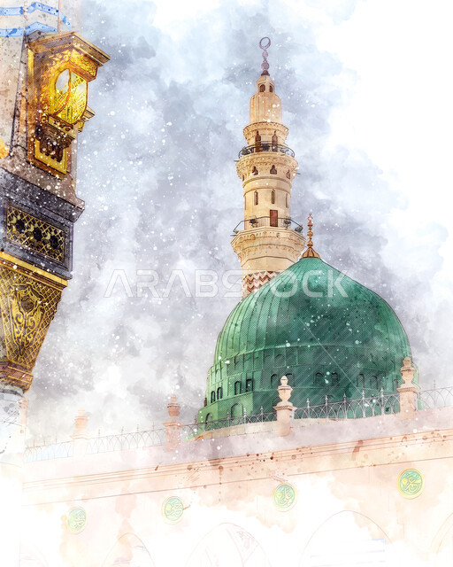  المسجد النبوي الشريف بالمدينة المنورة، لوحة فنية للفن الهندسي المعماري للمآذن والقبة الخضراء على الطراز الإسلامي، مفهوم العبادة والتقرب إلى الله،  رسومات للأماكن الدينية الإسلامية المقدسة، المساجد المشهورة  في المملكة العربية السعودية