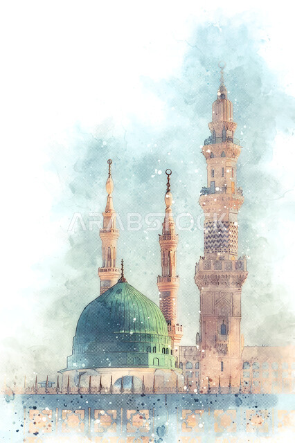  المسجد النبوي الشريف بالمدينة المنورة، لوحة فنية للفن الهندسي المعماري للمآذن والقبة الخضراء على الطراز الإسلامي، مفهوم العبادة والتقرب إلى الله،  رسومات للأماكن الدينية الإسلامية المقدسة، المساجد المشهورة  في المملكة العربية السعودية