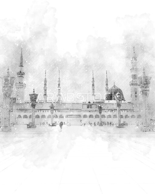  المسجد النبوي الشريف بالمدينة المنورة، لوحة فنية للفن الهندسي المعماري للمآذن والقبة الخضراء على الطراز الإسلامي، مفهوم العبادة والتقرب إلى الله،  رسومات للأماكن الدينية الإسلامية المقدسة، المساجد المشهورة  في المملكة العربية السعودية