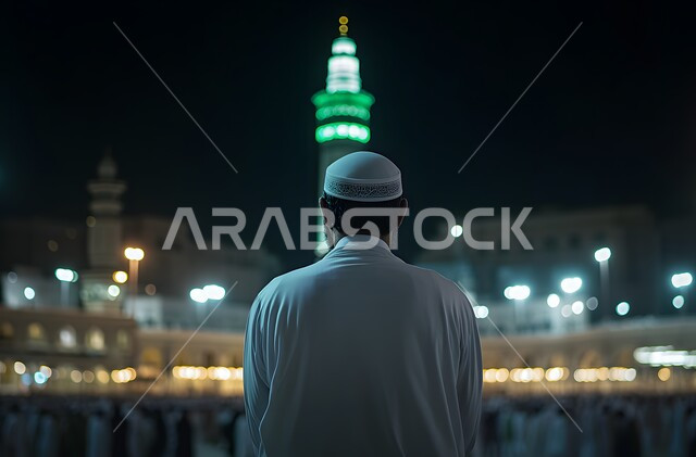 Striving in worship and obedience in the holy month of Ramadan, repentance and returning to God, the concept of supplication, supplication and hope, a picture from the back of a Saudi Arabian Gulf man wearing traditional thobe and white cap sitting inside the mosque, performing the obligatory prayer