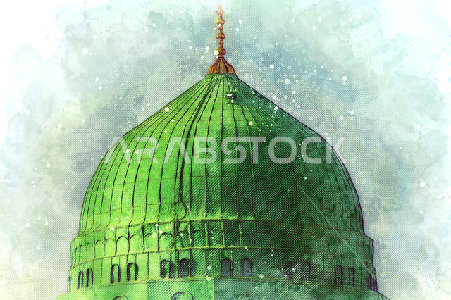 لوحة فنية للقبة الخضراء على الطراز الإسلامي، مفهوم العبادة والتقرب إلى الله،  رسومات للأماكن الدينية الإسلامية المقدسة، المساجد المشهورة  في المملكة العربية السعودية، المسجد النبوي الشريف بالمدينة المنورة