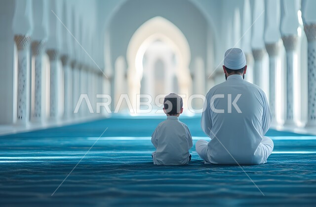  أداء فريضة الصلاة، الاجتهاد في العبادة والطاعة في شهر رمضان المبارك، التوبة والرجوع إلى الله، مفهوم الدعاء والتضرع والترجي، صورة من الخلف لرجل عربي خليجي سعودي يرتدي الثوب التقليدي يجلس مع ابنه داخل المسجد