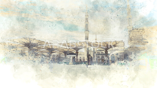 Artistic panel of electronic umbrellas in the external complex of the Prophet's Mosque in Medina, Islamic architectural art of minarets and green dome, Islamic religious holy places, drawings of famous mosques in Saudi Arabia, concept of worship and closeness to God