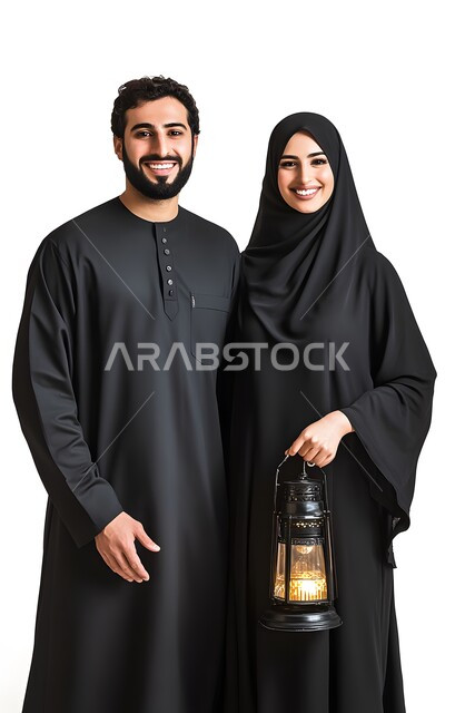 Preparing for the coming of the holy month of Ramadan, religious occasions and holidays, worship and getting closer to God, portrait of a veiled Saudi Arabian Gulf woman wearing an abaya standing with her husband holding a metal lantern in her hand, looking at the camera with gestures of happiness and pleasure, white background