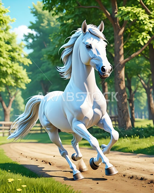 رسوم ثلاثية الأبعاد لفرس عربية أصيلة بيضاء اللون تعدو في الحقل، تربية الخيول في المحميات الطبيعية، حصان أبيض يركض في  مزرعة لتربية الخيول بالمملكة العربية السعودية، اتباع العادات المتوارثة في تربية الخيل العربي الأصيل